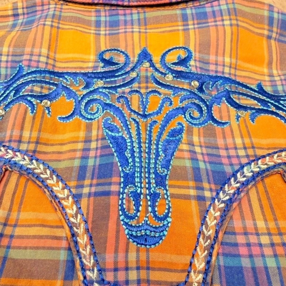 Rock 47 Wrangler Western Snap Shirt Rhinestone Embroidered Plaid Womens L - Picture 6 of 8
